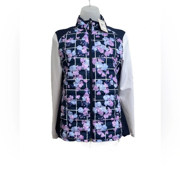 NEW Ladies Peter Millar Outdoor/Golf Hybrid Quilted Navy Floral Full Zip Jacket - Picture 2 of 12